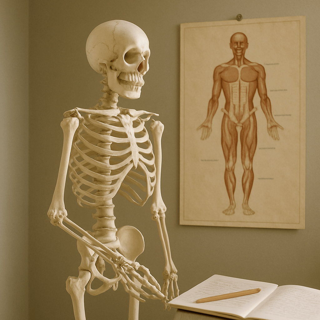 Anatomy teaching environment with skeletal model and notes