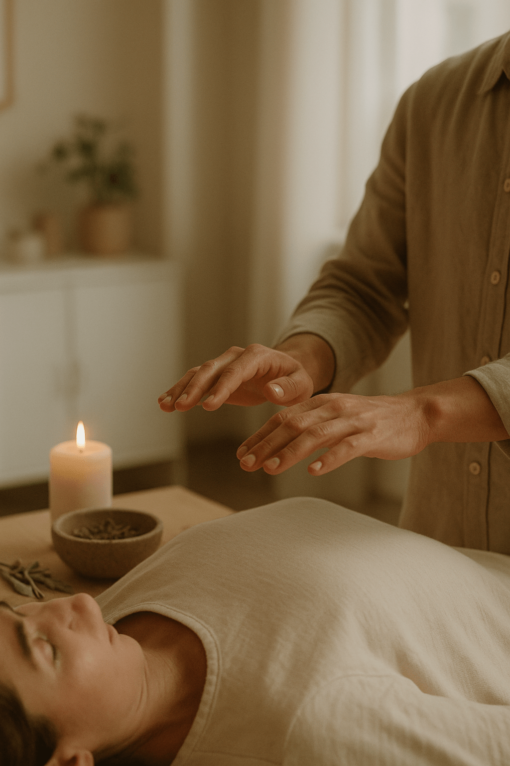 Hands in ritual gesture blending ancient and modern healing